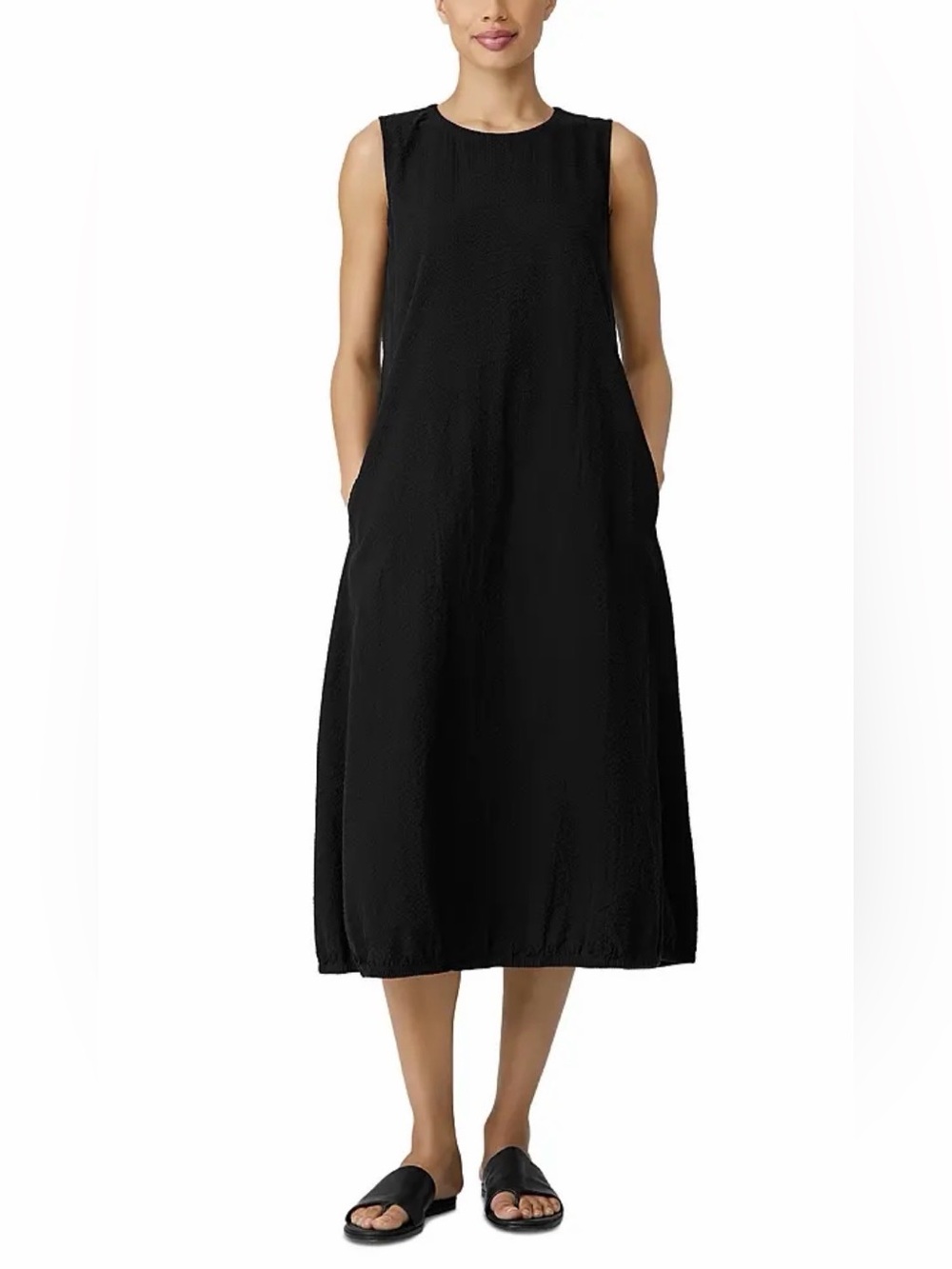 Eileen Fisher Black Organic Cotton Seersucker Lantern Dress Sz L